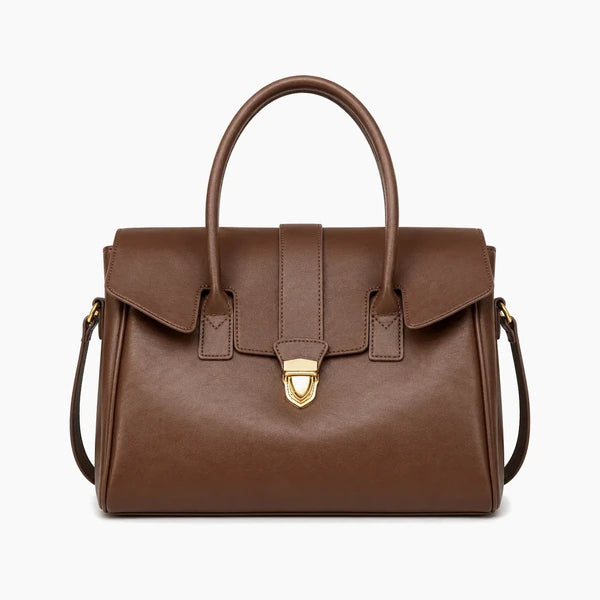 Lévoria Genuine Leather Satchel Bag in brown, front view with dual top handles, a front flap and a gold-tone clasp