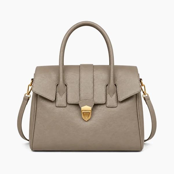 Lévoria Genuine Leather Satchel Bag in gray, front view with dual top handles, a front flap and a gold-tone shield clasp