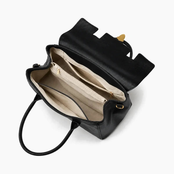 Lévoria Genuine Leather Satchel Bag in black, open interior with a beige lining and multiple zip compartments