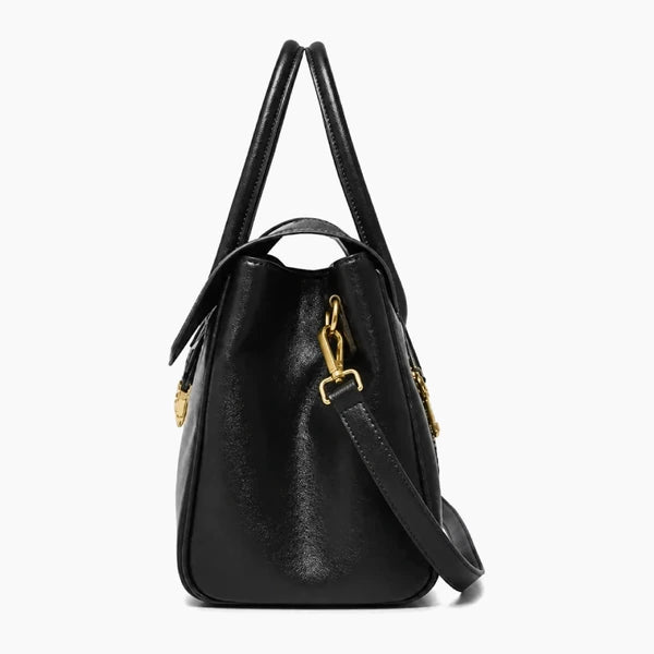 Lévoria Genuine Leather Satchel Bag in black, side view with gold-tone hardware and a detachable shoulder strap