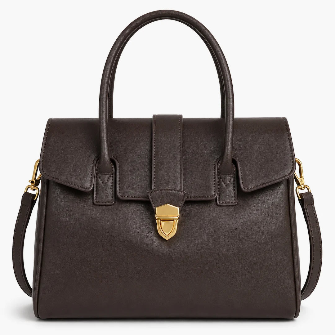 A dark brown leather handbag with double top handles, a front flap closure, and a gold-tone shield-shaped clasp, shown on a plain white background.