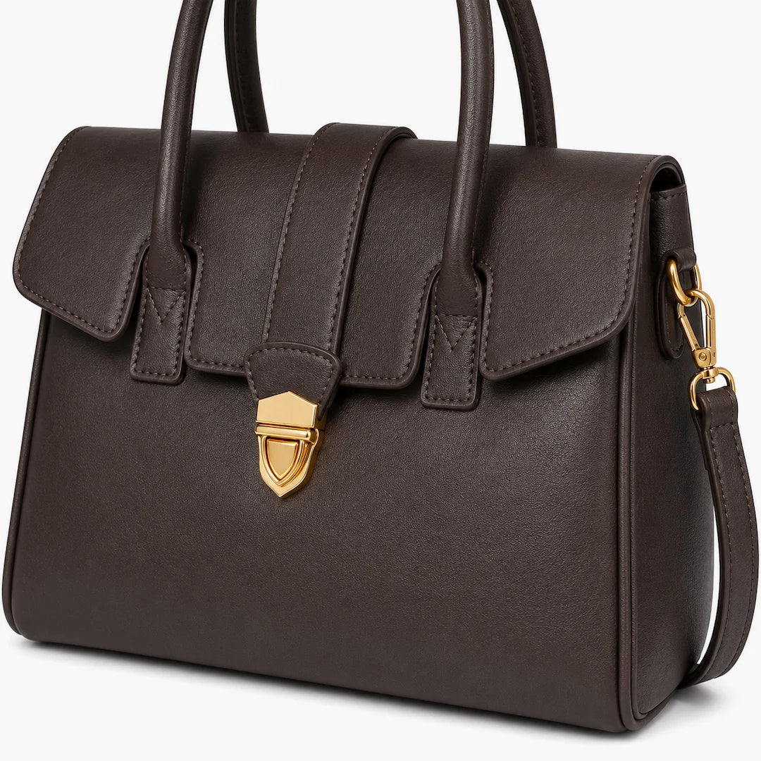 A dark brown faux-leather handbag with a structured rectangular shape, featuring dual top handles, a front flap with decorative stitched tabs, and a gold-tone triangular clasp. A matching shoulder strap is visible on the right side with a gold clasp.
