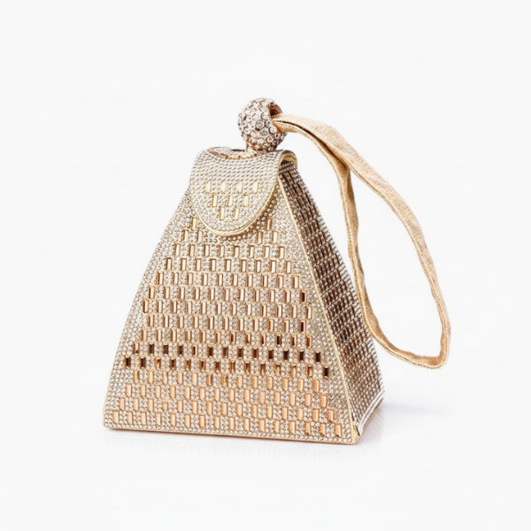 Liora Handmade Crystal Acrylic Evening Bag in gold, front studio view showcasing pyramid silhouette with allover crystals and wrist strap