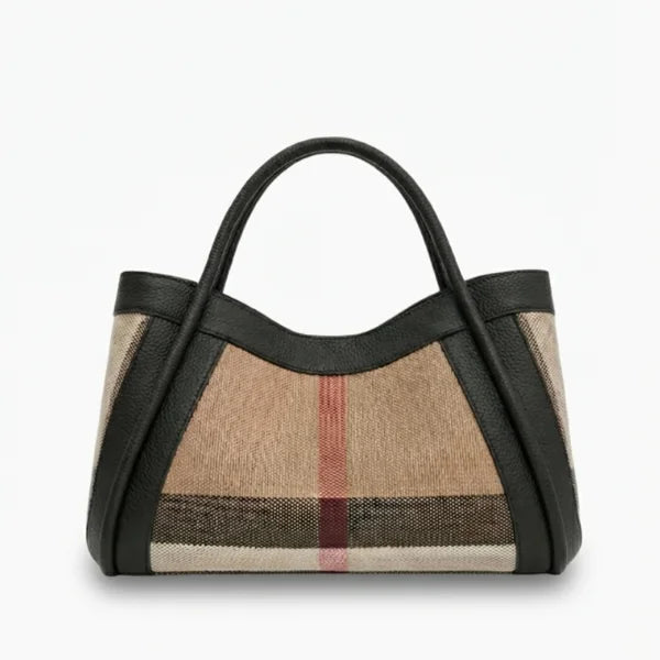 Handbag with check pattern and black accents on a white background