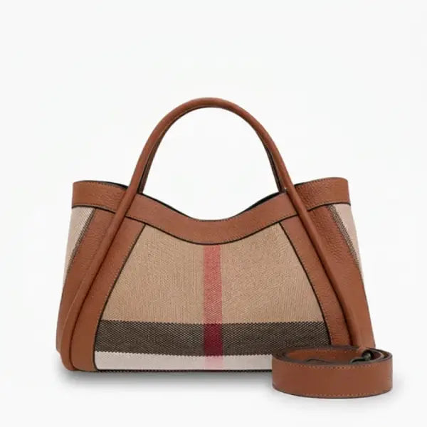 Brown handbag with checkered pattern on a white background