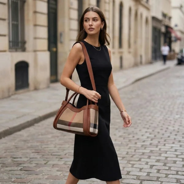 Premium Liorael women’s tote bag crafted from canvas with genuine brown leather details and a removable shoulder strap.