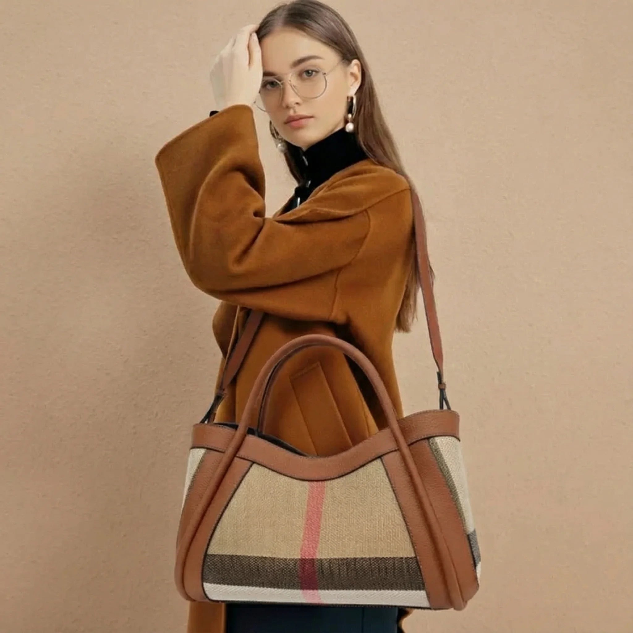 Woman holding a checkered handbag with a brown background