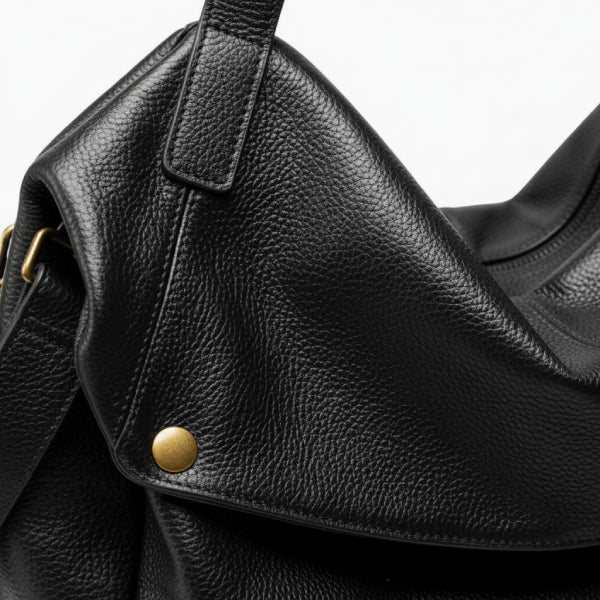 Close-up of the Lunara genuine leather shoulder bag in black showcasing its textured leather and gold-tone button details