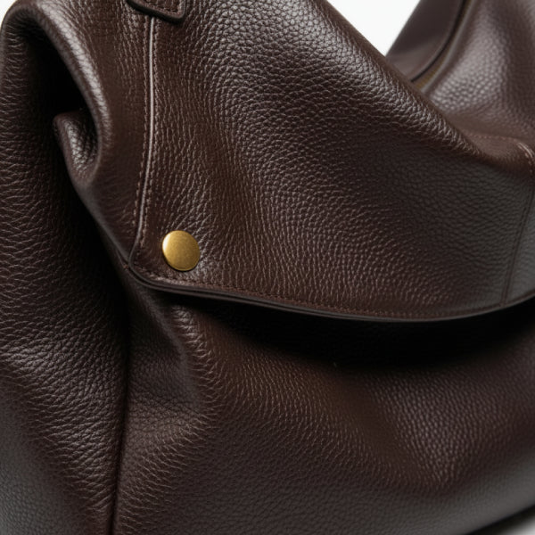 Close-up of the Lunara genuine leather shoulder bag in brown showing textured leather and gold button details