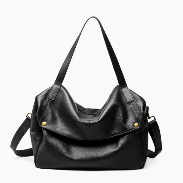 Lunara genuine leather shoulder bag in black front view highlighting the spacious design with gold accents