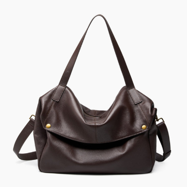 Front view of the Lunara genuine leather shoulder bag in brown with a minimalist design and gold hardware
