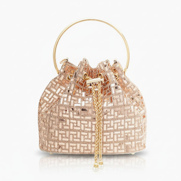 Lyanna Metallic Embellished Bucket Bag in gold, front studio view showcasing round top handle, shimmering pattern, and chain tassel detail
