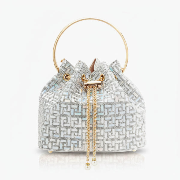 Lyanna Metallic Embellished Bucket Bag in silver, front studio view showcasing round top handle and sparkling geometric pattern
