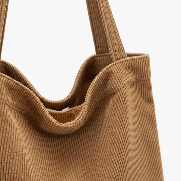 Close-up of the Marinda corduroy tote bag in brown, highlighting the textured fabric and handles