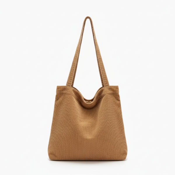 Front view of the Marinda corduroy tote bag in brown with a simple and sleek design