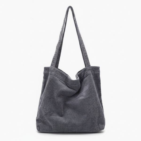 Front view of the Marinda corduroy tote bag in grey with a simple and sleek design