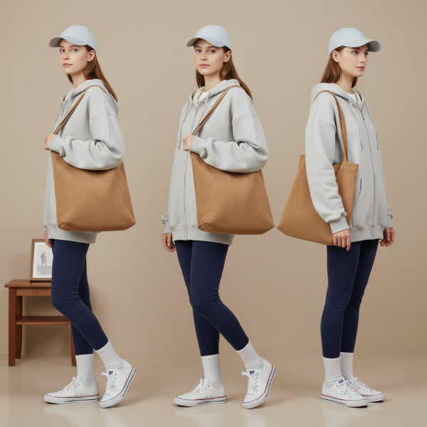 Model wearing a gray hoodie and leggings, carrying the brown Marinda corduroy tote bag in a minimalist indoor setting