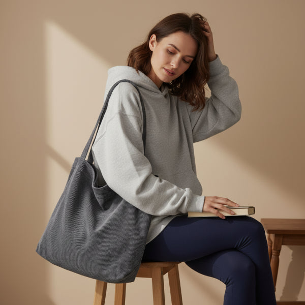 Model wearing a gray hoodie and leggings, carrying the grey Marinda corduroy tote bag in a minimalist indoor setting