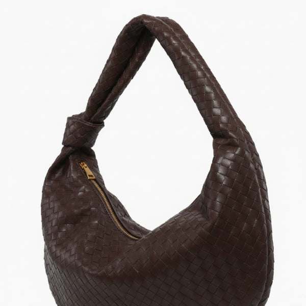 Maris Vegan Leather Hobo Bag in coffee brown, side closeup highlighting soft woven finish and gold zip closure