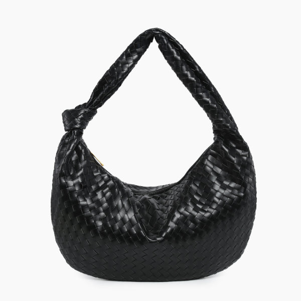 Maris Vegan Leather Hobo Bag in black, front studio view showcasing knotted shoulder strap and spacious crescent silhouette