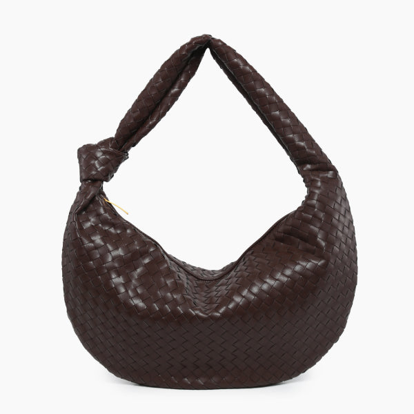 Maris Vegan Leather Hobo Bag in coffee brown, front studio view showcasing knotted shoulder strap and spacious crescent silhouette