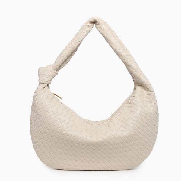Maris Vegan Leather Hobo Bag in off-white, front view showing woven hobo silhouette and knotted shoulder strap