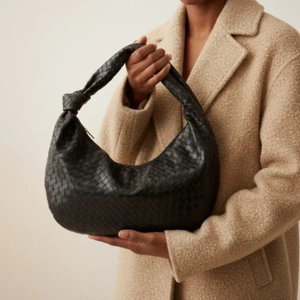 Maris Vegan Leather Hobo Bag in black, lifestyle shot with model hand-holding to show scale and supple woven finish