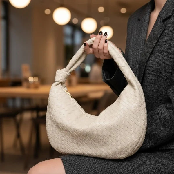 Maris Vegan Leather Hobo Bag in off-white, lifestyle image held by model highlighting woven design and soft slouchy shape
