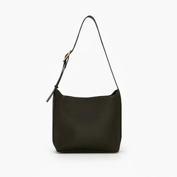 Front view of black vegan leather shoulder bag with simple design and gold buckle on the strap