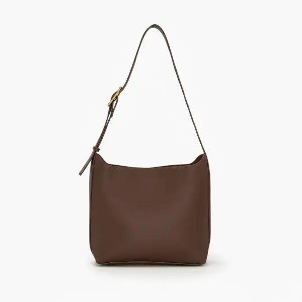 Front view of Meliora vegan leather shoulder bag in coffee color with a sleek minimalist design