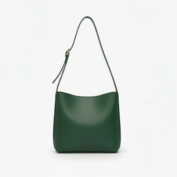 Front view of Meliora vegan leather shoulder bag in green color with sleek minimalist design