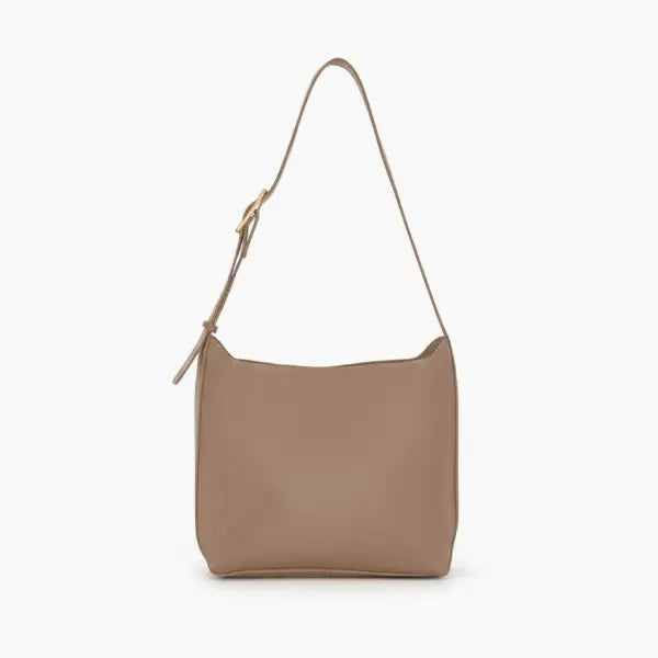 Front view of Meliora vegan leather shoulder bag in khaki color with a minimalist design and gold buckle