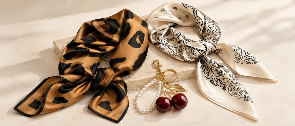Two silk scarves, one leopard print and one paisley, with a pearl and cherry bag charm on a beige stone slab