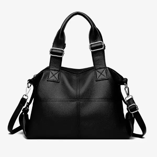 Front view of Mirelith genuine leather black satchel bag with quilted pattern, silver hardware, and dual handles