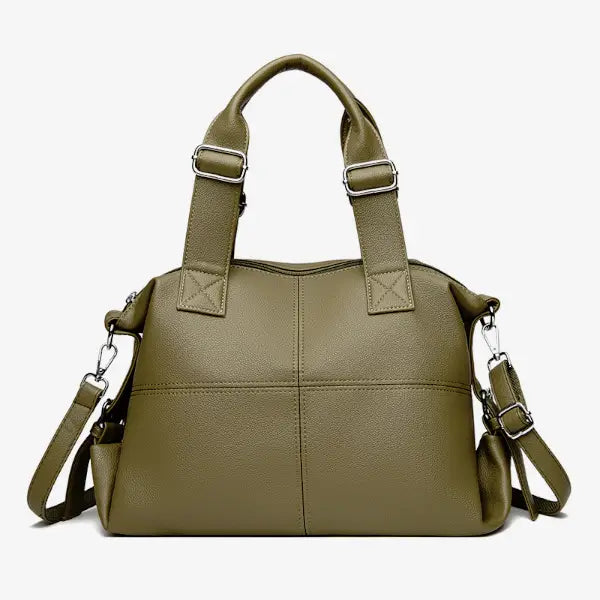 Front view of Mirelith genuine leather olive green satchel bag with quilted design and silver hardware accents