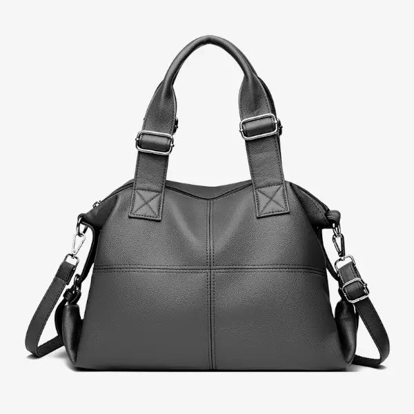 Front view of Mirelith genuine leather grey satchel bag with quilted pattern and silver hardware accents