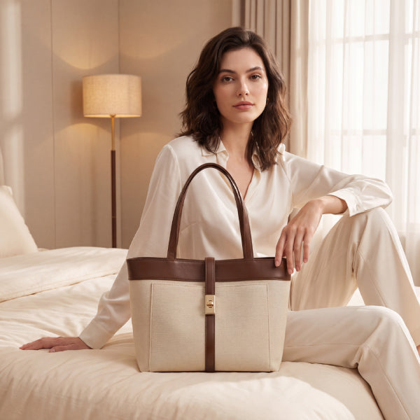 A woman in a cream satin shirt and matching pants sits on a bed holding a structured tote bag. The bag is cream with dark brown leather trim and handles, featuring a central gold-tone clasp.