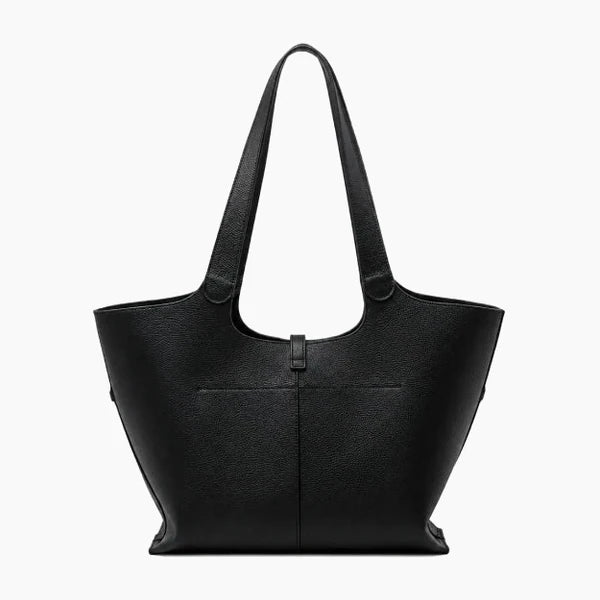 Montréa Genuine Leather Tote Bag in black, back view of the pebbled leather showing the dual shoulder straps