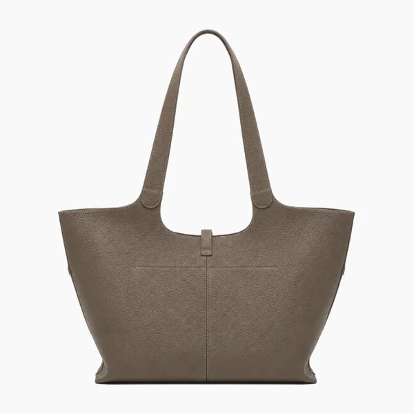 Montréa Genuine Leather Tote Bag in taupe, back view of the pebbled leather showing the dual shoulder straps