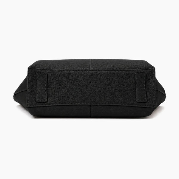 Montréa Genuine Leather Tote Bag in black, bottom view showing the flat structured base and strap attachments