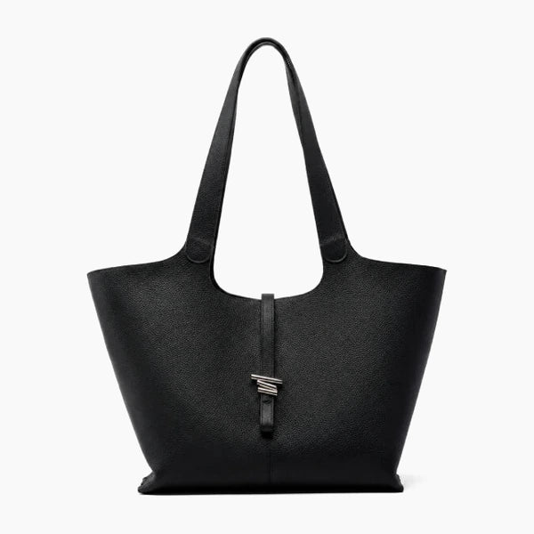 Montréa Genuine Leather Tote Bag in black, front view of the pebbled leather with dual shoulder straps and a silver-tone
