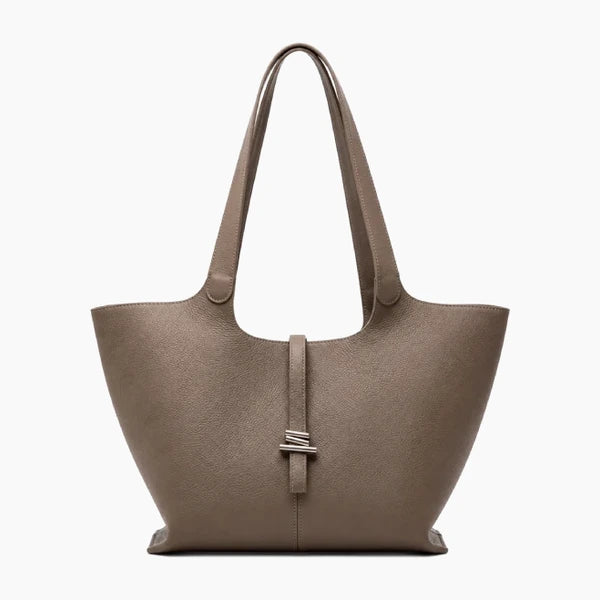 Montréa Genuine Leather Tote Bag in taupe, front view of the pebbled leather with dual shoulder straps and a silver-tone