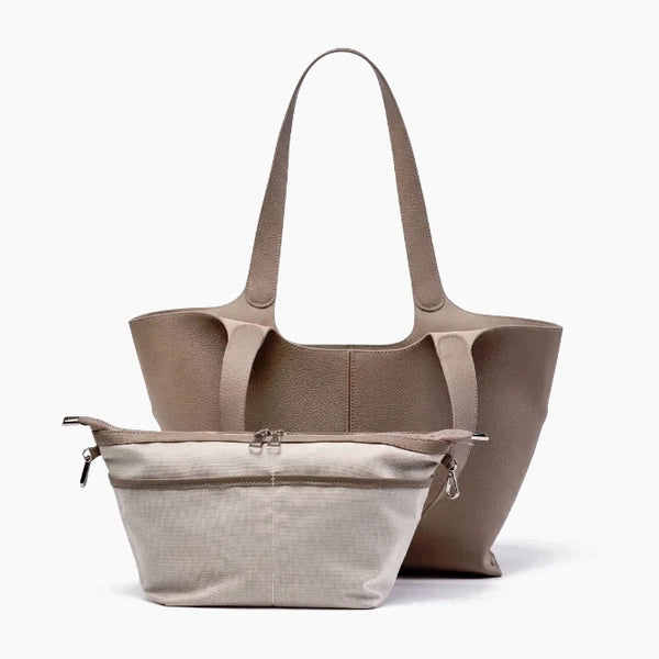 Montréa Genuine Leather Tote Bag in taupe, shown with its matching removable zip pouch in beige fabric