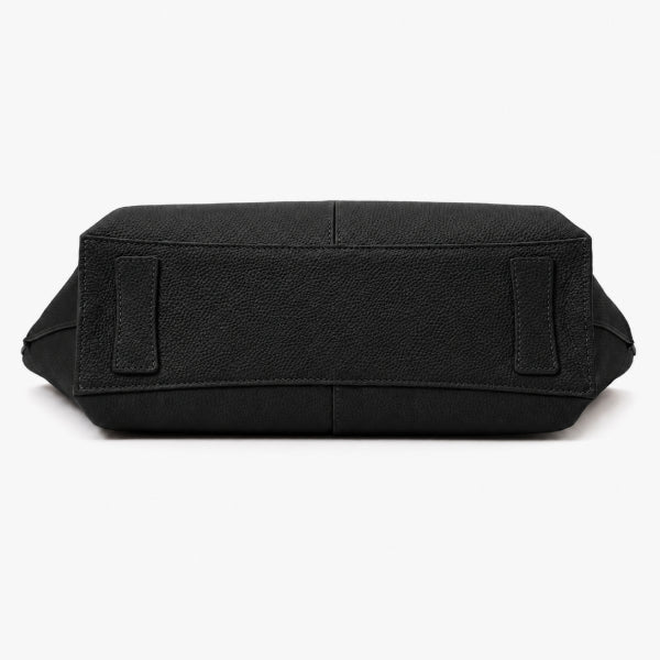 Black textured leather clutch bag shown from the back, featuring two vertical strap attachments on the back panel, set against a plain white background.