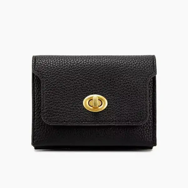 Black leather wallet with a gold clasp on a white background