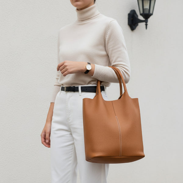 Model carrying caramel cowhide leather tote bag with clean lines and minimalist design, paired with a neutral sweater for a chic, casual look