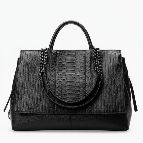 Front view of black genuine leather tote bag with textured and smooth leather panels, featuring stylish chain handles