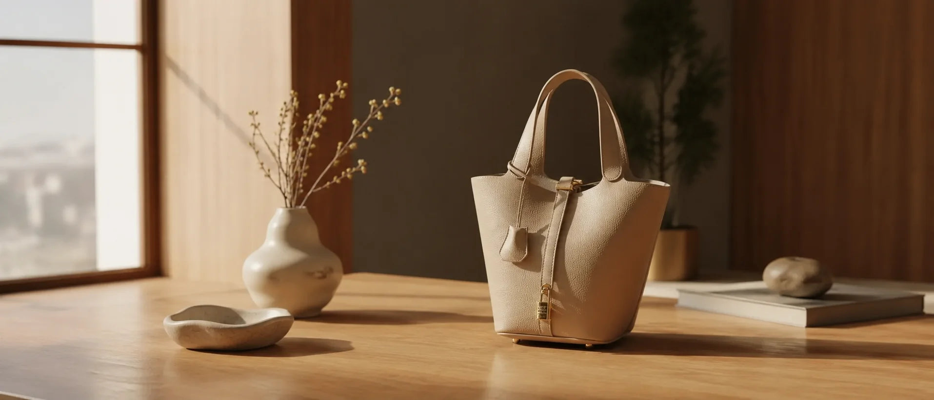 Beige handbag on a wooden surface with decorative elements