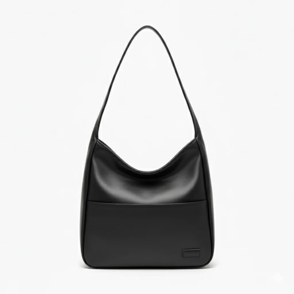 Front view of Seliora vegan leather shoulder bag in black with sleek design and front pocket