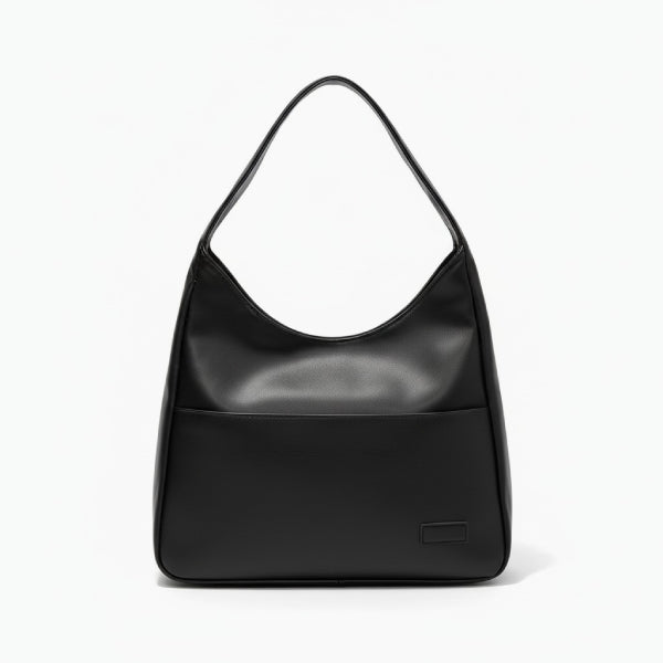 Front view of Seliora vegan leather shoulder bag in black with sleek design and front pocket